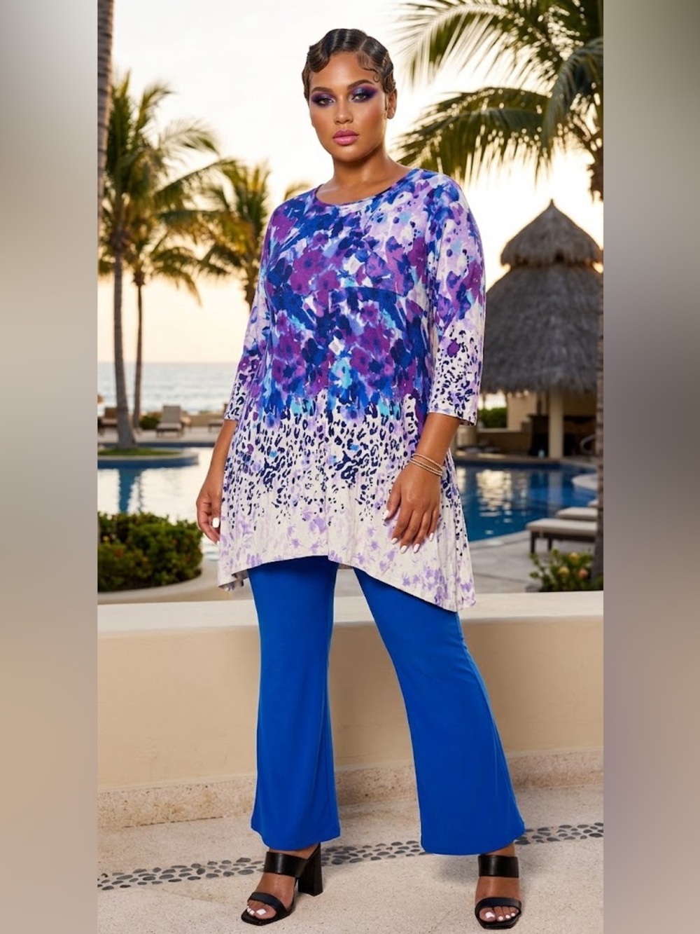 LOGO by Lori Goldstein Purple Blue Animal Floral Tunic Top Size 2X